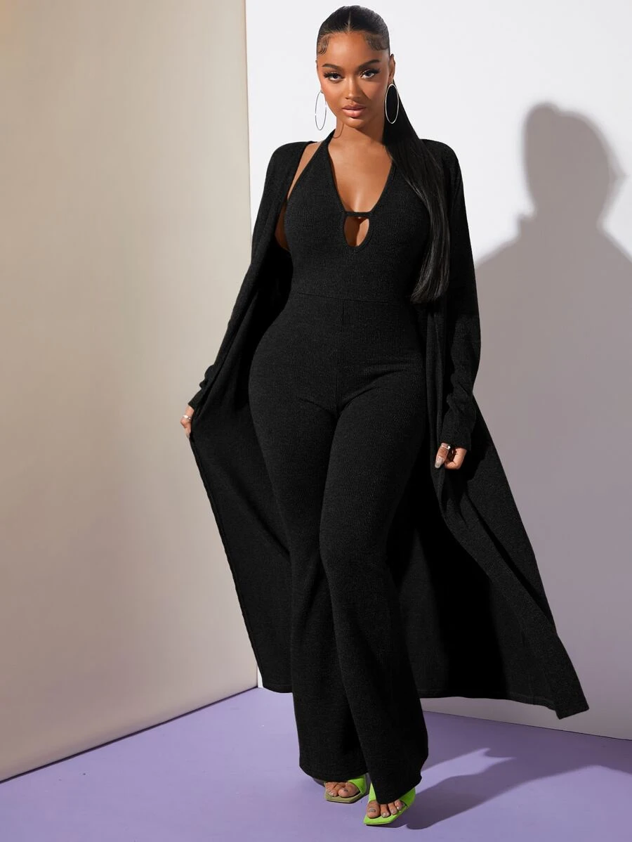 SHEIN SXY Solid Open Front Drop Shoulder Coat - Black - View 1