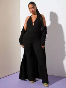 SHEIN SXY Solid Open Front Drop Shoulder Coat - Black - View 3