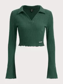 SHEIN EZwear 貼布細節木耳邊荷葉袖短款T恤 - 墨綠色 - 查看 1