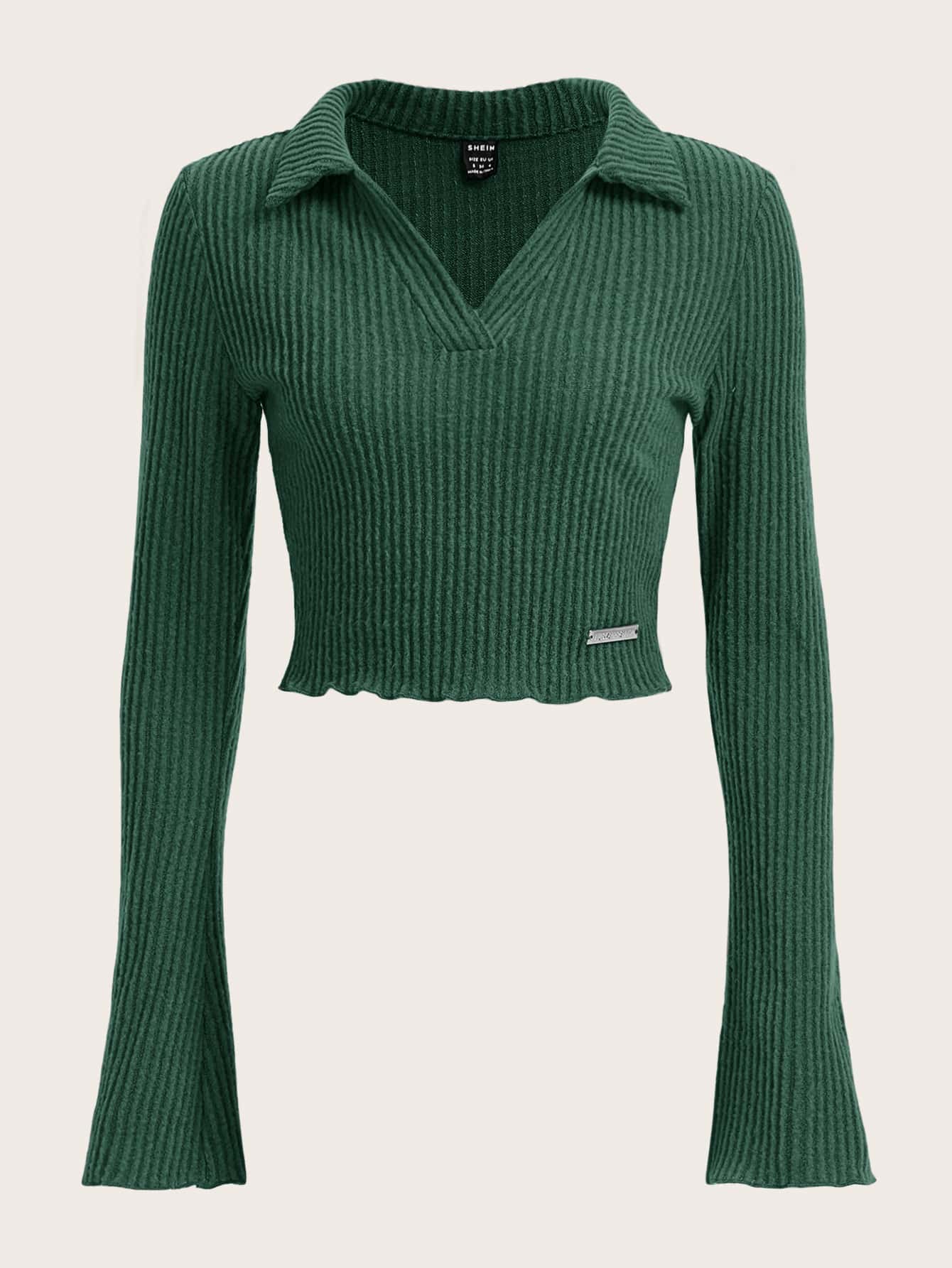 SHEIN EZwear 貼布細節木耳邊荷葉袖短款T恤 - 墨綠色 - 查看 1