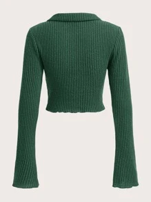 SHEIN EZwear 貼布細節木耳邊荷葉袖短款T恤 - 墨綠色 - 查看 2