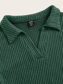 SHEIN EZwear 貼布細節木耳邊荷葉袖短款T恤 - 墨綠色 - 查看 3
