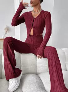 SHEIN EZwear Ribbed Knit Crop Top & Flare Leg Trousers - Maroon - View 1
