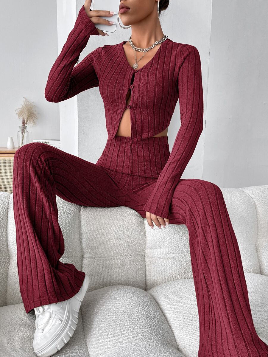 SHEIN EZwear Ribbed Knit Crop Top & Flare Leg Trousers - Maroon - View 1