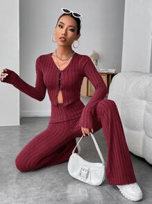 SHEIN EZwear Ribbed Knit Crop Top & Flare Leg Trousers - Maroon - View 3