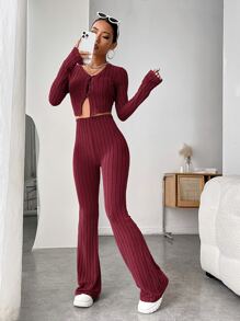 SHEIN EZwear Ribbed Knit Crop Top & Flare Leg Trousers - Maroon - View 4