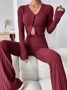 SHEIN EZwear Ribbed Knit Crop Top & Flare Leg Trousers - Maroon - View 5