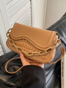 Geometric Embossed Chain Decor Flap Square Bag - Khaki - View 1