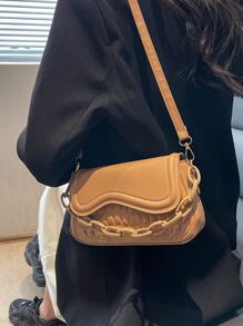 Geometric Embossed Chain Decor Flap Square Bag - Khaki - View 2