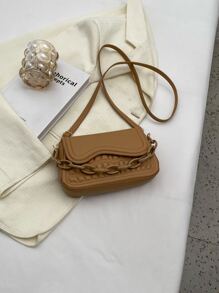 Geometric Embossed Chain Decor Flap Square Bag - Khaki - View 8