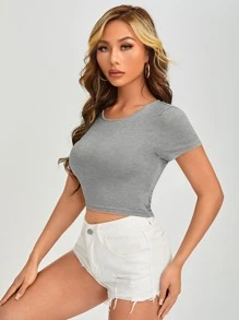 SHEIN EZwear 後繫帶短版T恤 - 灰色 - 查看 3