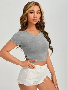 SHEIN EZwear 後繫帶短版T恤 - 灰色 - 查看 4