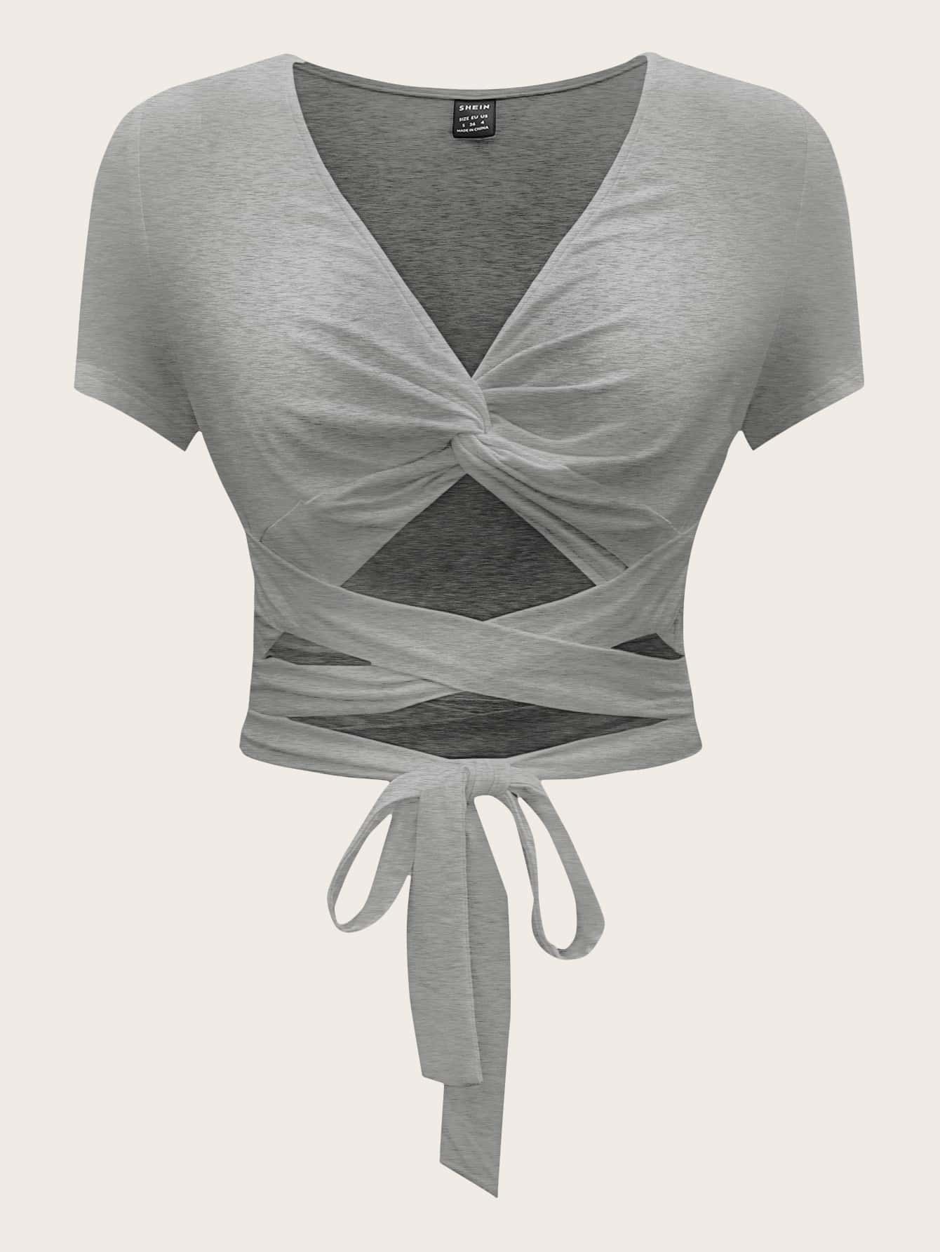SHEIN ICON 前扭結前繫帶十字交叉上衣 - 淺灰色 - 查看 1