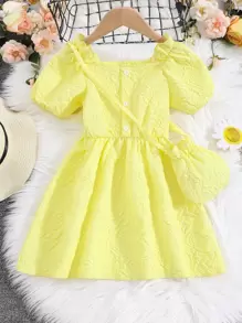 SHEIN 小女童提花方領泡泡袖洋裝和包