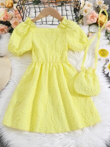 SHEIN 小女童提花方領泡泡袖洋裝和包