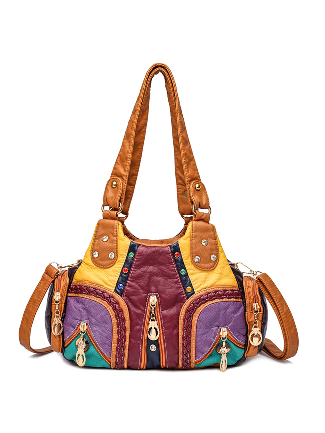 Colourblock Studded & Braided Detail Shoulder Tote Bag - Multicolor - View 1