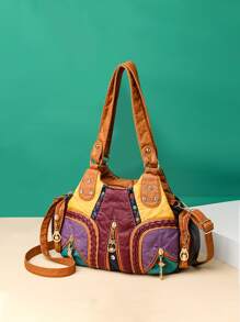 Colourblock Studded & Braided Detail Shoulder Tote Bag - Multicolor - View 2