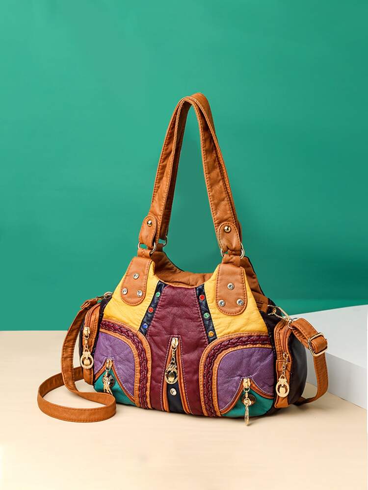 Women's Color Block Shoulder Tote Bag With Colorful Rivet Half Moon Bag