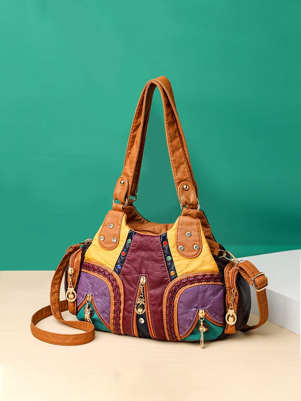 Women's Color Block Shoulder Tote Bag With Colorful Rivet Half Moon Bag