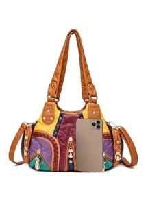 Colourblock Studded & Braided Detail Shoulder Tote Bag - Multicolor - View 3