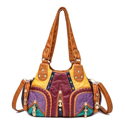 Borsa a spalla tote bicolore da donna con rivetti colorati e borsa a mezzaluna
