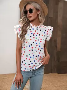 Breezaya Polka Dot Print Frill Neck Ruffle Trim Blouse - White - View 4