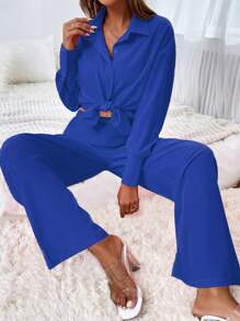 SHEIN Essnce Camisa con botón delantero & Pantalones de pierna ancha - azul real - Ver 1