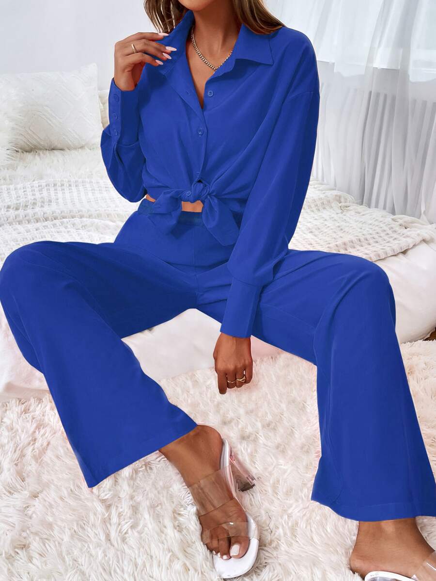 SHEIN Essnce Camisa con botón delantero & Pantalones de pierna ancha - azul real - Ver 1