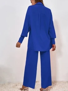 SHEIN Essnce Camisa con botón delantero & Pantalones de pierna ancha - azul real - Ver 2