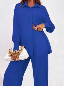 SHEIN Essnce Camisa con botón delantero & Pantalones de pierna ancha - azul real - Ver 3
