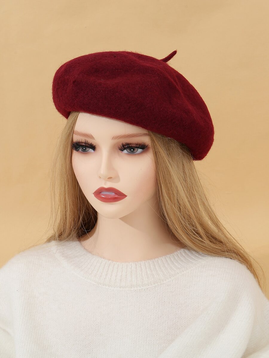 Beret rắn kết hợp len - Màu Đỏ Sâu - Xem 1