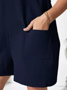 SHEIN VCAY Plus Pocket Patched Romper - Navy Blue - View 6