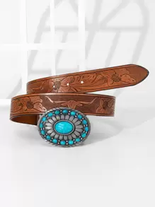 花卉圖案壓花綠松石裝飾皮帶 - 棕色 - 查看 2