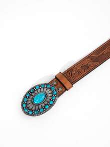 花卉圖案壓花綠松石裝飾皮帶 - 棕色 - 查看 3