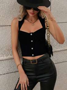 Sweetheart Neck Crop Denim Top - Black - View 1