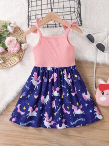 小女童獨角獸印花肩部蝴蝶結吊帶連衣裙 - 彩色 - 查看 2