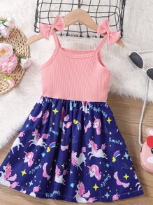 小女童獨角獸印花肩部蝴蝶結吊帶連衣裙 - 彩色 - 查看 4