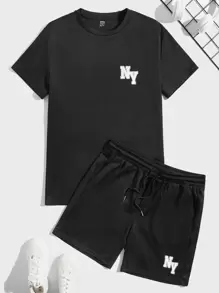 Manfinity Men Letter Graphic Tee & Drawstring Waist Shorts - Black - View 1