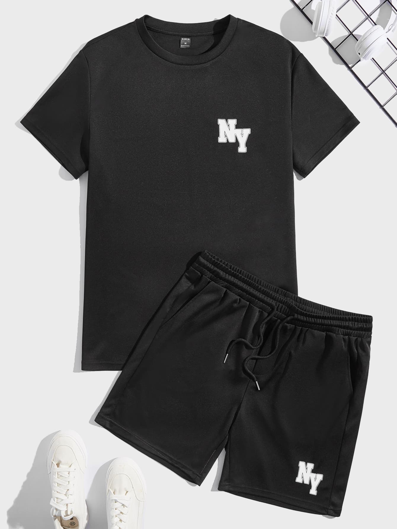 Manfinity Men Letter Graphic Tee & Drawstring Waist Shorts - Black - View 1