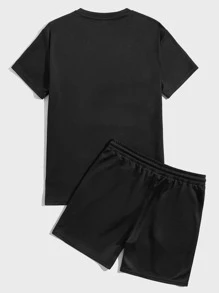 Manfinity Men Letter Graphic Tee & Drawstring Waist Shorts - Black - View 2