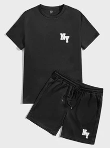 Manfinity Men Letter Graphic Tee & Drawstring Waist Shorts - Black - View 3