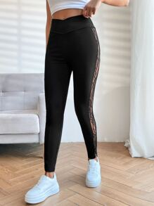 SHEIN Essnce Contrast Lace Side Seam Leggings - Black - View 3
