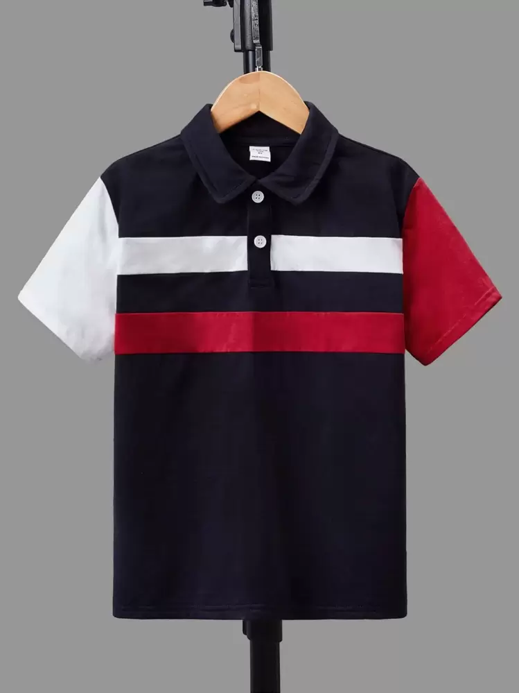 SHEIN เสื้อโปโลแขนสั้นลายบล็อกสีสำหรับเด็กวัยรุ่นชาย - สีแดง - ดู 1