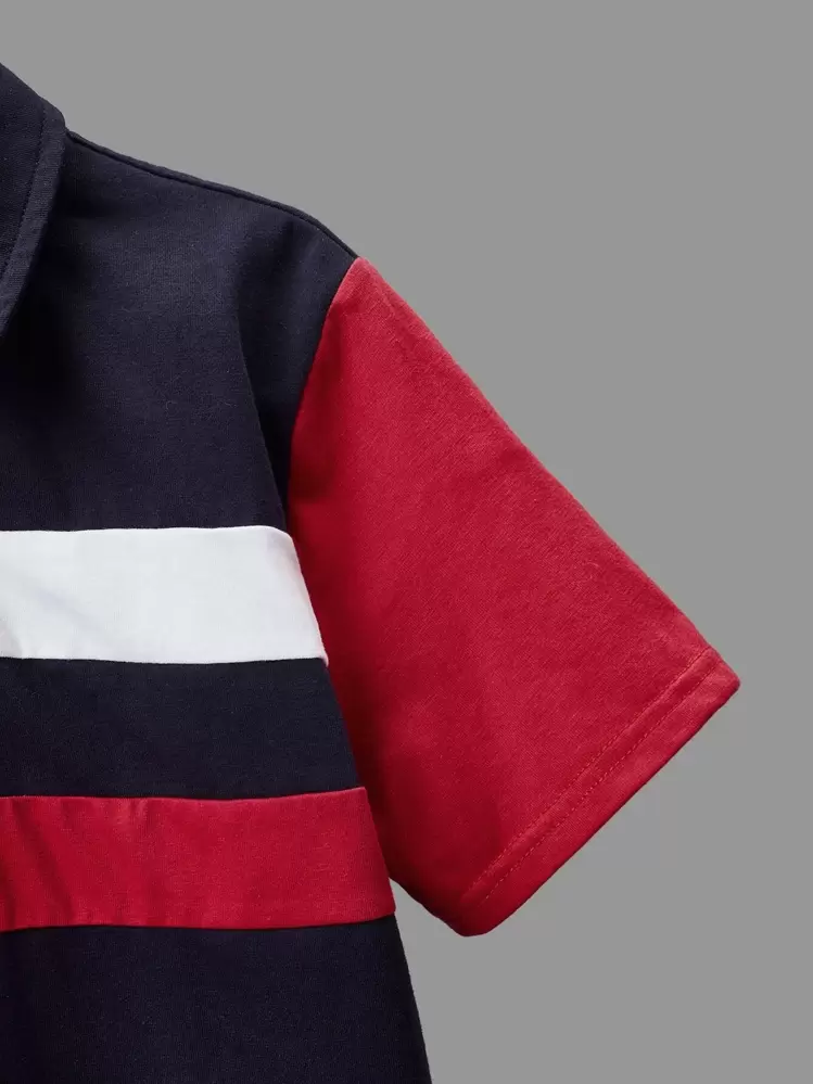 SHEIN เสื้อโปโลแขนสั้นลายบล็อกสีสำหรับเด็กวัยรุ่นชาย - สีแดง - ดู 4