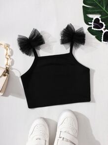 SHEIN 小女童網紗拼接吊帶短上衣 - 黑色 - 查看 1