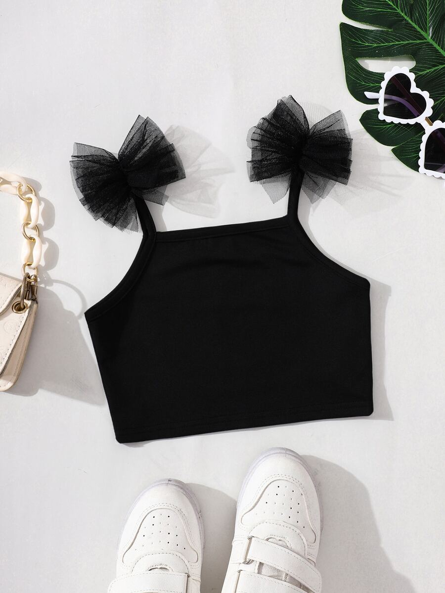 SHEIN 小女童網紗拼接吊帶短上衣 - 黑色 - 查看 1