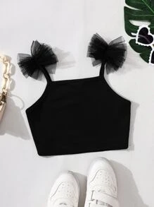 SHEIN 小女童網紗拼接吊帶短上衣 - 黑色 - 查看 2