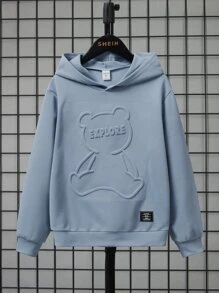 SHEIN Tween Boy Bear & Letter Embossed Patch Detail Hoodie