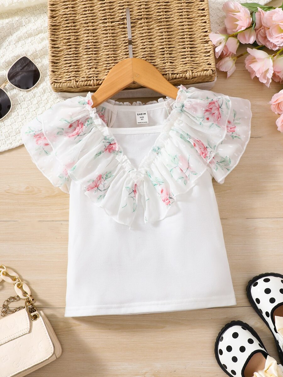 Niñitas Camiseta con estampado floral ribete con fruncido - Blanco - Ver 1