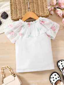 Niñitas Camiseta con estampado floral ribete con fruncido - Blanco - Ver 2